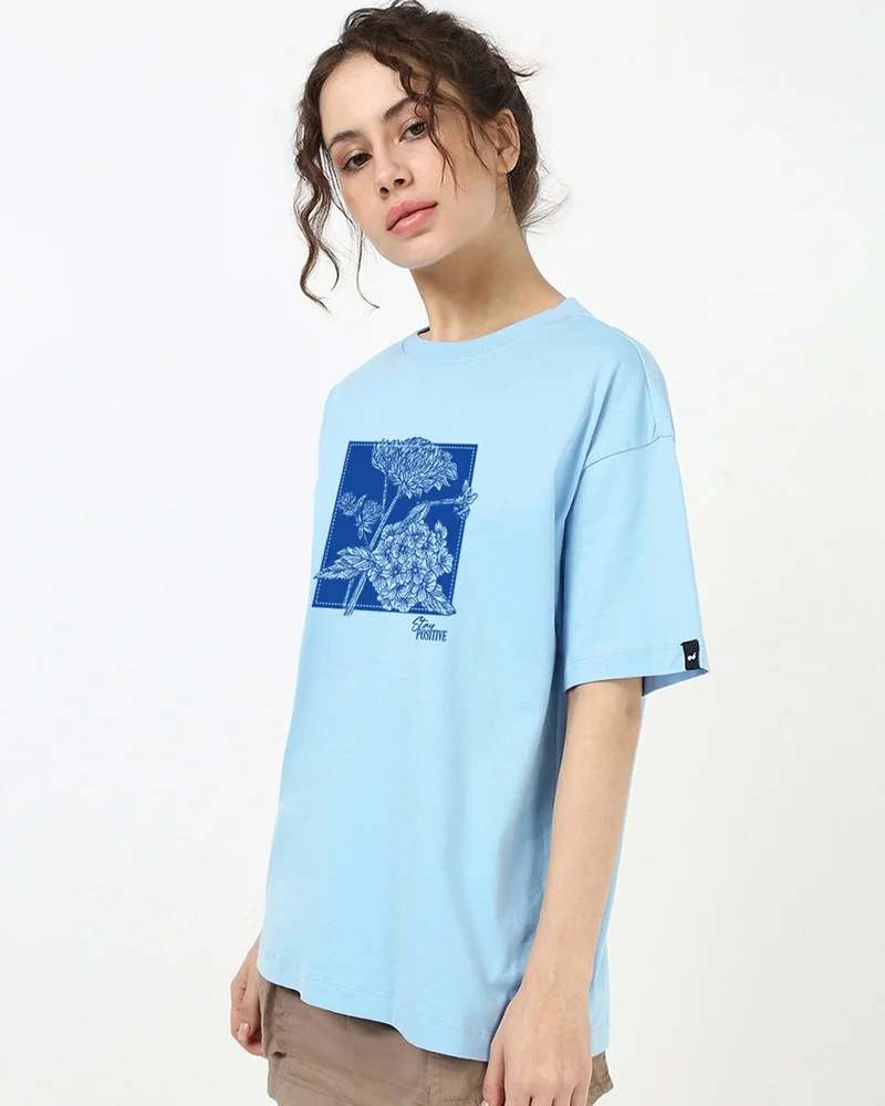 bewakoof Women's Sky Blue Stay Positive Graphic Printed Oversized T-shirt